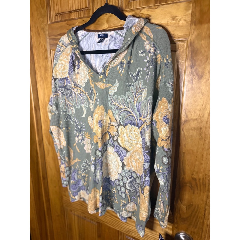 Chaps Womens Waffle Knit Hoodie Floral Sage Green 1X NWT - Picture 2 of 7